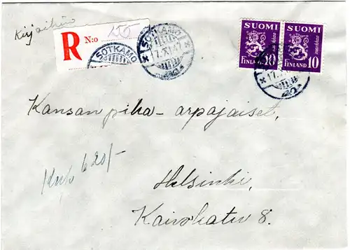 Finnland 1947, SOTKAMO, eingestempelter Reko Zettel auf Brief m. 2x10 M.