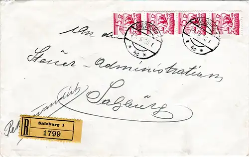 Österreich 1928, MeF 4x15 G. auf Orts-Reko Brief v. Salzburg.