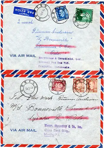 Norwegen 1953, 4 Seemanns Nachsende Luftpost Briefe v. Horten 