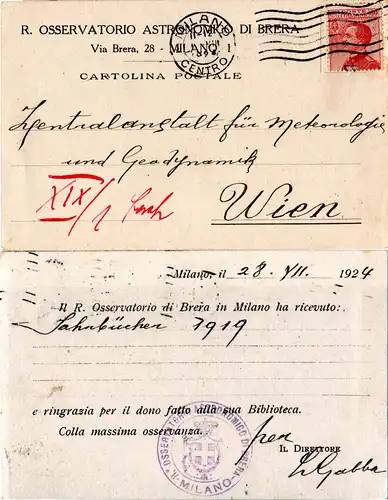 Italien 1924, 60 C. auf Karte des Astrologie Observatorium Mailand n. Österreich