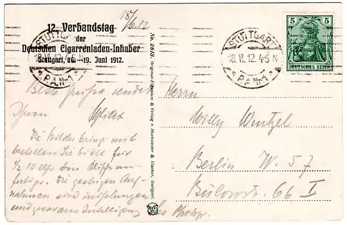 Stuttgart, Verbandstag d. Dt. Cigarrenladen-Inhaber, 1912 gebr. Sonderkarte 