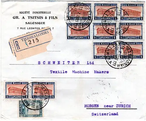 Griechenland 1929, 40 L.+10x1 Dr. auf Reko Brief v. Thessaloniki i.d. Schweiz