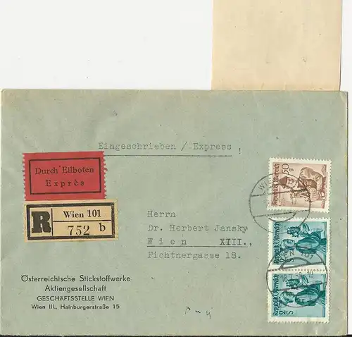 Österreich 1958, Orts Einschreiben Eilboten Brief v. Wien m. Zustellzettel #1895