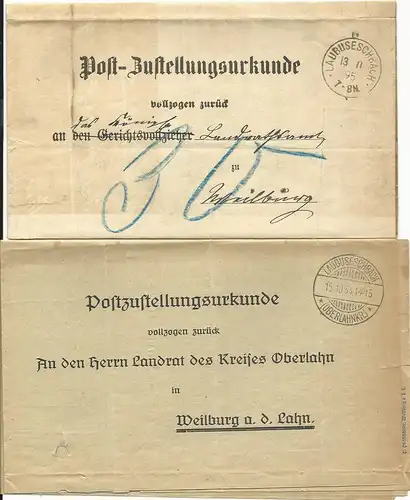 DR 1895/1934, 2 Post Zustellungsurkunden m. versch. Stpln. v. Laubuseschbach