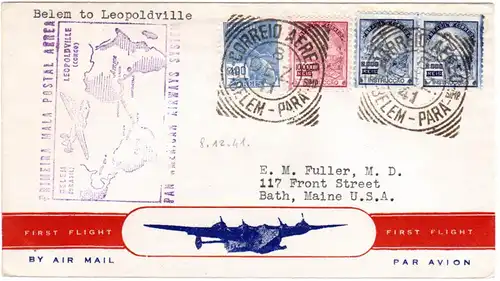 Brasilien 1941, 4 Marken auf Erstflug Brief Belem - Leopoldville Congo