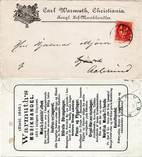 Norwegen 1891, 10 öre auf Reklame Brief C. Warmuth Musik Handel, Christiania