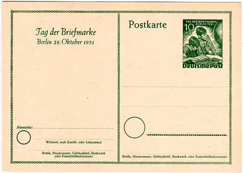 Berlin P 27, sauber ungebr. 10 Pf. Ganzsache zum Tag d. Briefmarke 1951