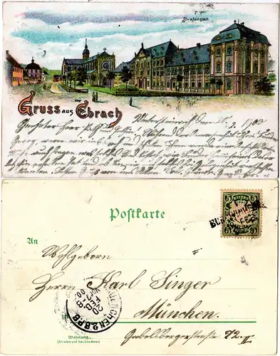 Bayern 1900, L2-Aushilfstempel BURGWINHEIM auf Litho-AK v. Ebrach m. 5 Pf