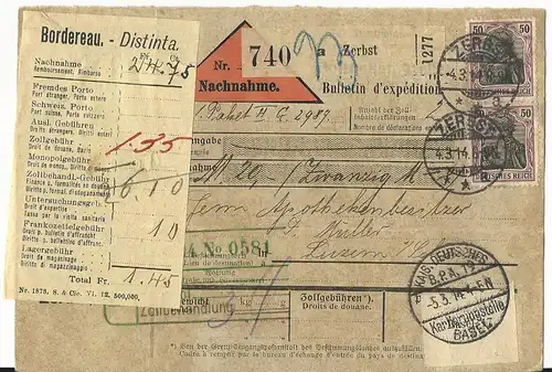 DR 1914, MeF Paar 50 Pf. m. WZ auf Nachnahme Paketkarte v. Zerbst i.d. Schweiz.