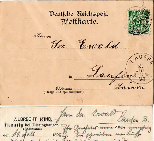 DR 1898, 5 Pf. m. Firmenlochung auf Karte v. Hunstig b. Dieringhausen