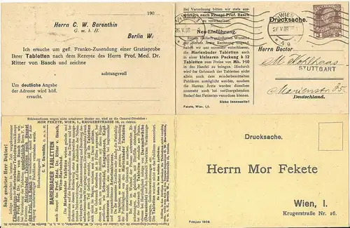 Österreich 1909, gebr. 3 H. Privat Ganzsache Doppelkarte Marienbader Tabletten