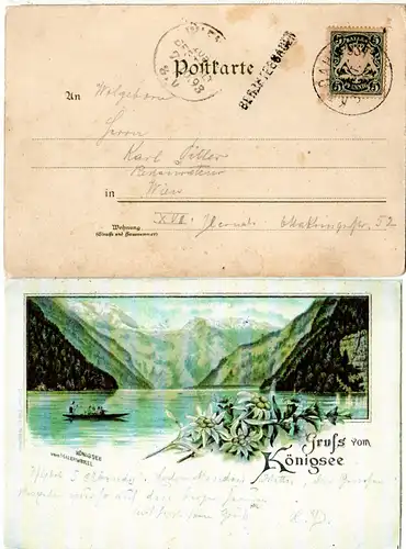 Bayern 1893, Stationsstpl. L1 BERCHTESGADEN auf Litho-AK m. Bahnpost-K1 B-R