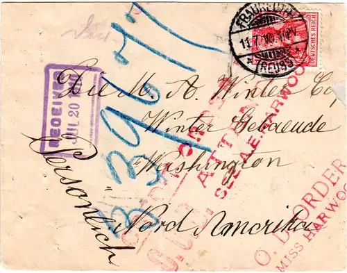 DR 1910, EF 10 Pf. auf Brief v. Fraureuth n. USA. Sogenannter Schnellster Weg.