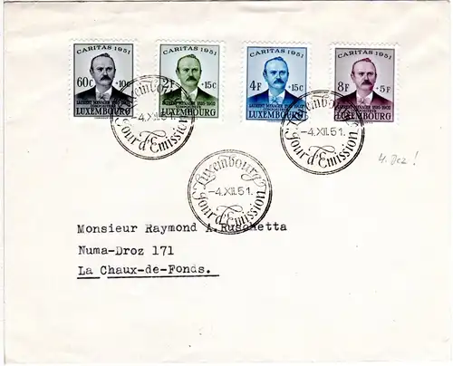 Luxembourg 1951, Caritas kpl. auf Brief m. Vorersttagsstempel 4.XII.! Vor FDC!