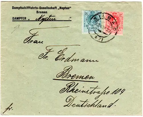 Spanien 1922, 10+30 C. auf Dampfer Neptun Schiffspost Brief v. Bilboa n. Bremen