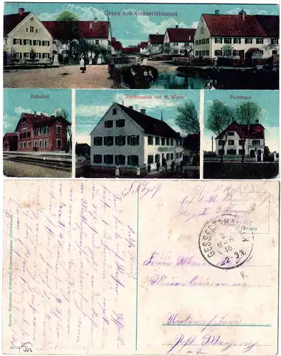 Gruss aus Gessertshausen m. Gasthaus, Bahnhof, Forsthaus, 1916 gebr. Farb-AK