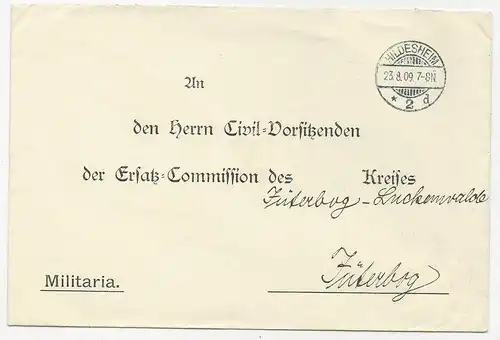 DR 1909, portofreier Militär Vordruck Brief v. Hildesheim n. Jüterborg