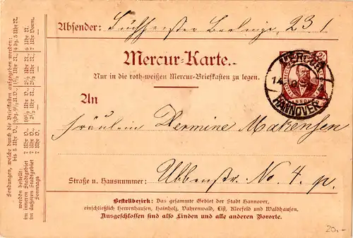Private Stadtpost Hannover 1898, gebr. 2 1/2 Pf. Mercur Ganzsachenkarte 