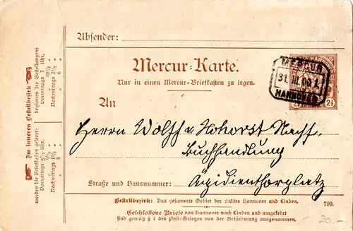 Private Stadtpost Hannover 1900, gebrauchte 2 1/2 Pf. Mercur Ganzsachenkarte 