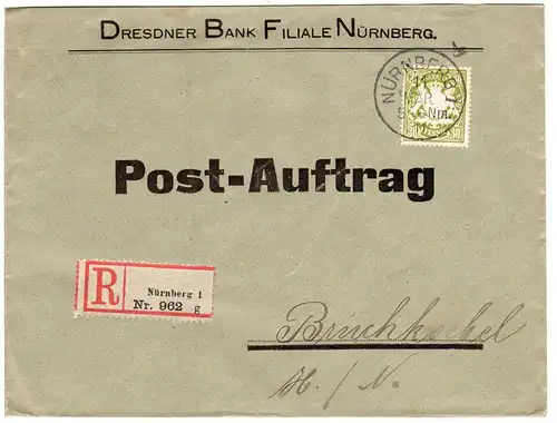 Bayern 1911, 30 Pf auf Einschreiben Post-Auftrag Brief v. Nürnberg n. Bruchköbel