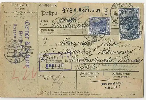 DR 1916, 20 Pf.+2 Mk. auf Paketkarte v. Berlin i.d. Türkei.  #2744