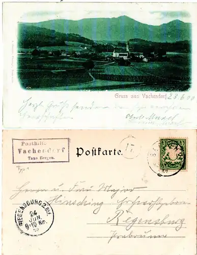 Bayern 1900, Posthilfstelle VACHENDORF Taxe Bergen (Typ 1), auf sw-AK m. 5 Pf.