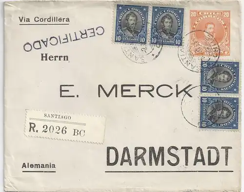 Chile DR 1914, Santiago Einschreiben Ganzsache Brief m. Zusatzfrankatur! #2082