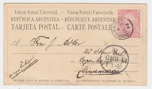 Argentinien 1889, 6 C. Ganzsache Karte "pr. vapor Portugal" n. Dänemark! #2393