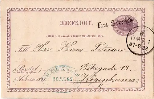 Schweden 1882, Schiffspost-L1 Fra Sverige auf 6 öre Ganzsache v. Malmö n. DK