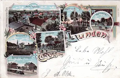 Gruss aus Lunden, 1898 gebrauchte Litho AK m. Bahnhof u. Hotel