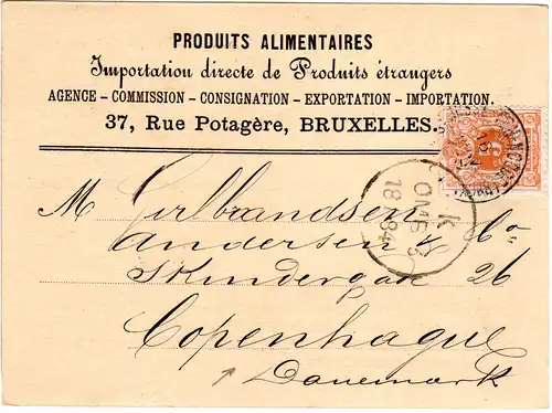 Belgien 1884, 5 C. auf Drucksache Karte v. Bruxelles n. Dänemark.