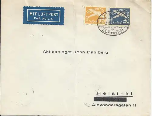 Danzig 1938, 15+50 Pf auf Luftpost Brief n Finnland. Seltener Bedarfsbrief #2509