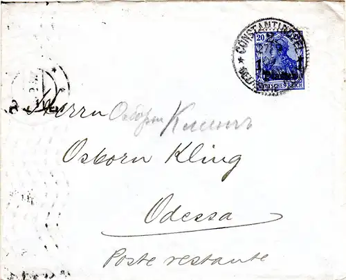 Dt. Post Türkei 1909, 1 Pia./20 Pf. auf Brief v. Constantinopel n. Russland