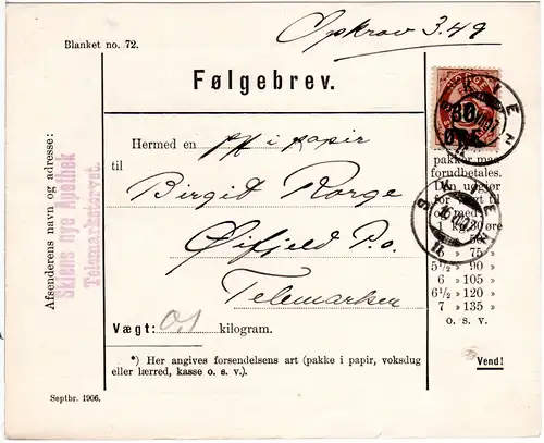 Norwegen 1907, EF 30 öre/7 Sk. auf Nachnahme Paketkarte v. Skien II