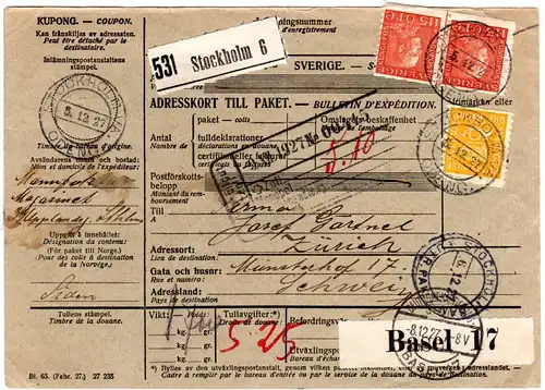 Schweden 1927, 35+Paar 115 öre auf Paketkarte v. Stockholm i.d. Schweiz.