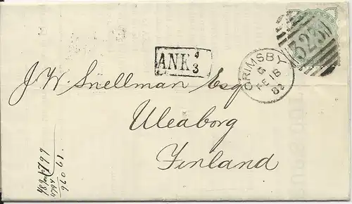 GB Finland 1882, EF 1/2 P. auf kpl. Falt Drucksache v. Grimsby m. Ankunftst. #35