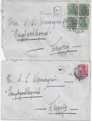 DR 1914, 2 Germania Brief v. Mainz m. Leipzig Postlager-Stempeln vorderseitig