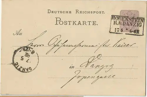 R3 Hohenstein R.B. DANZIG klar auf Ganzsache  v. 1882 nach Danzig!