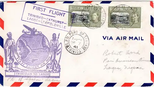 Trinidad & Tobago 1941. 1st Flight cover Port of Spain-Lagos, Nigeria