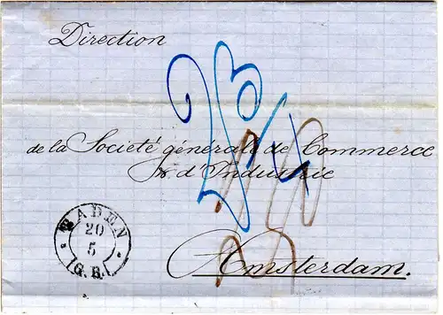 Baden 1865, K2 BADEN auf Porto Brief i.d. NL. Rücks. 2x Bahnpost