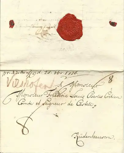 Bayern 1776, handschr. "Vilshofen" auf Porto Brief v. Orttenburg n. Rüdenhausen