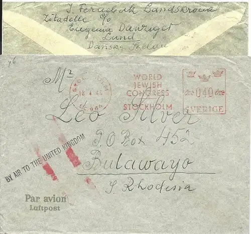 Schweden 1946, Luftpost Leitstpl. auf Brief m. Judaika Maschinenstempel