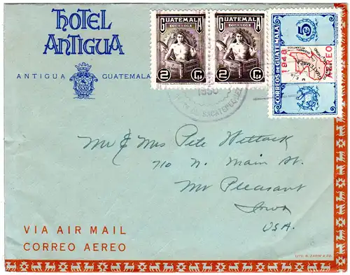 Guatemala 1950, 3 Marken auf Hotel Antigua Luftpost Faltbrief n. USA.