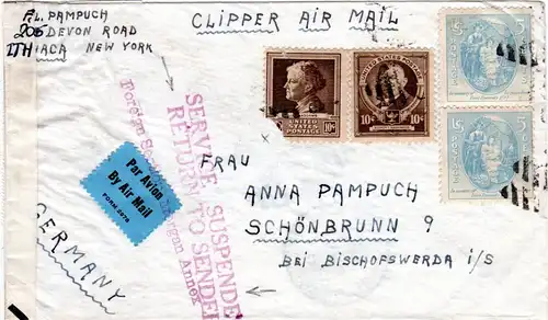 USA 1942, SERVICE SUSPENDED...Retourstpl. auf Luftpost Brief v. NY n. Detschland