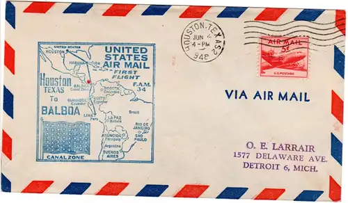 USA 1948, 5 C. auf Erstflug Brief Houston-Balboa Canal Zone