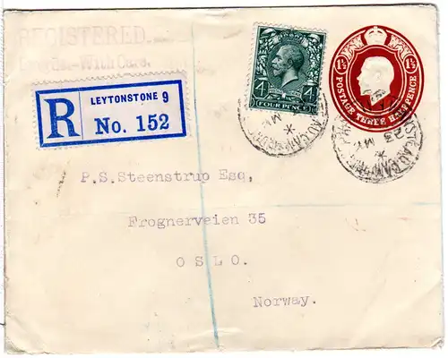 GB 1925, 4d auf 1 1/2d Ganzsache Brief per Einschreiben v. Leytonstone n. Oslo