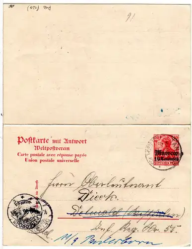 DP Marokko 1906, 10 C/10 Pf Doppelkarte gebr. v. Tanger n. Detmold u. Paderborn