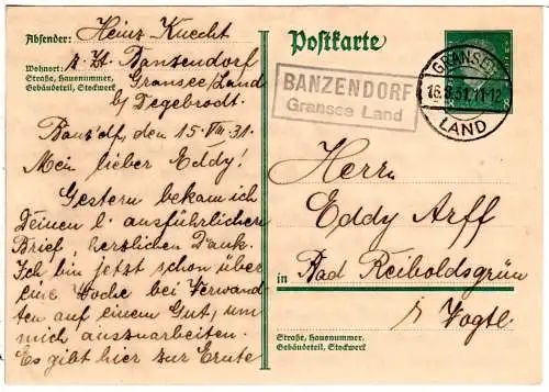 DR 1931, Landpoststempel BANZENDORF Gransee Land auf 6 Pf. Ganzsache