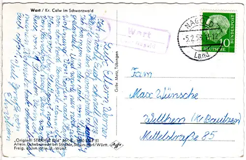 BRD 1958, Landpost Stpl. 14b WART über Nagold auf sw-AK m. 10 Pf.