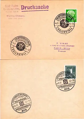 BRD 1954/62, 2 Karten je m. Offenbach Sonderstempel zur Int. Lederwarenmesse